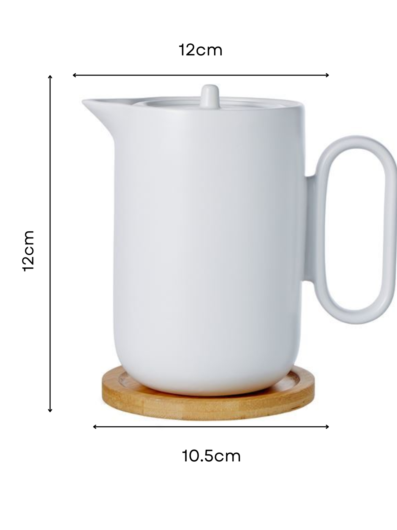 White ceramic pitcher with wooden coaster and dimensions labeled