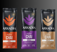 Thumbnail for Three packages of Arkadia Chai on a dark background