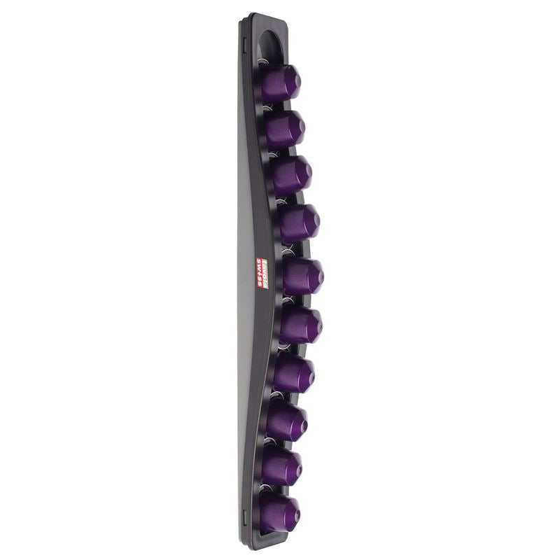 Vertical holder with purple capsules on a white background
