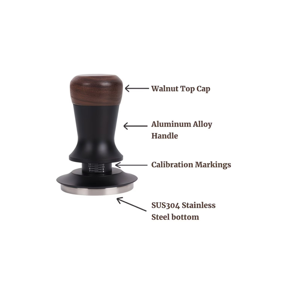 Coffee tamp with labeled parts on a white background