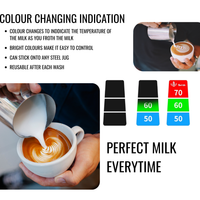 Thumbnail for A coffee milk temperature indicator set shown with instructional text, usage photos of pouring milk into a cup, and three color-changing temperature zones (black, green, blue) labeled 60, 50, and 70 degrees.