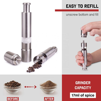 Thumbnail for Stainless steel pepper grinder with refillable design, showing before and after use of spices.