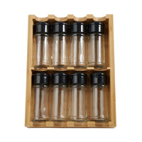 Thumbnail for Set of glass spice jars with black lids in a wooden organizer on a white background