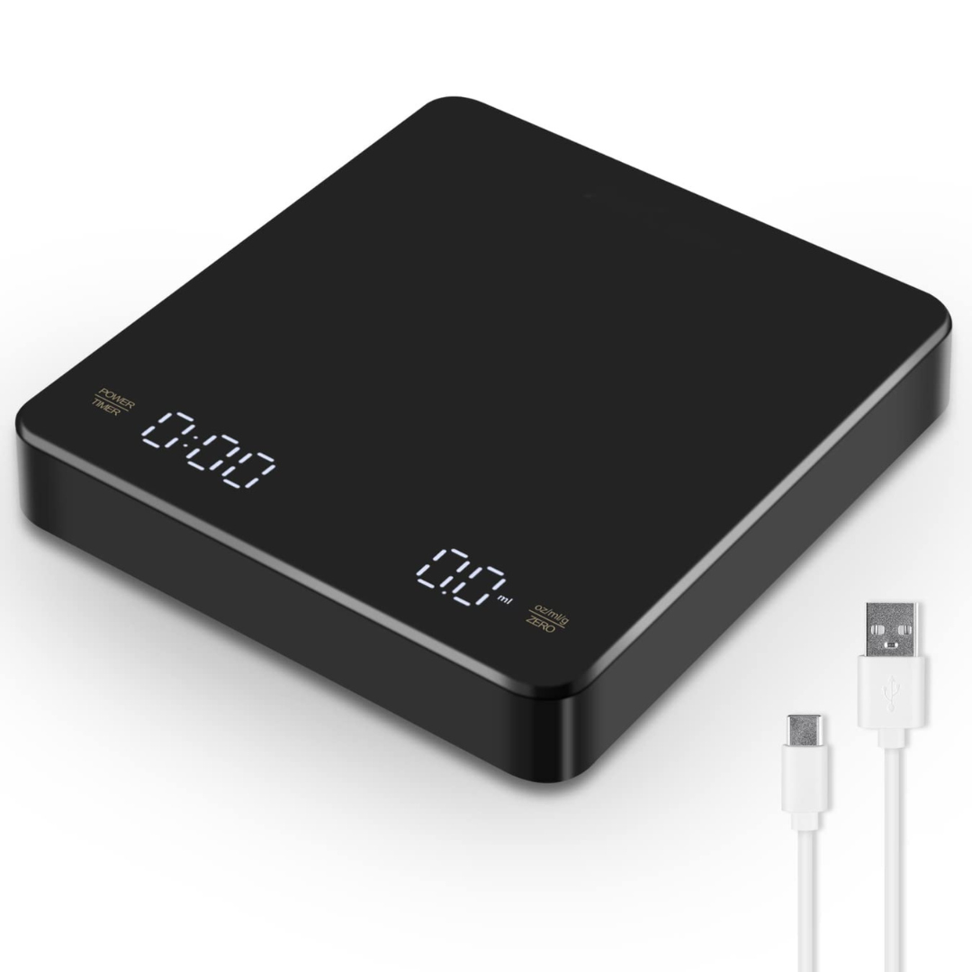 A black digital coffee scale with a rechargeable lithium battery, shown alongside a USB Type C charging cable.