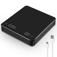 Thumbnail for A black digital coffee scale with a rechargeable lithium battery, shown alongside a USB Type C charging cable.