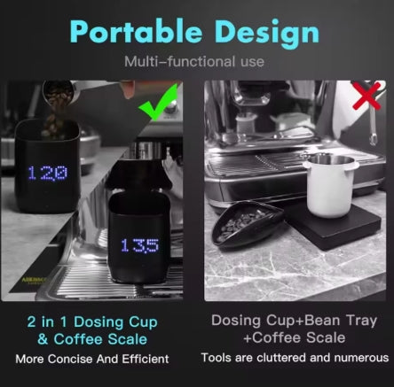 Comparison of a portable coffee dosing cup and scale with a traditional setup, highlighting the convenience of the portable design.