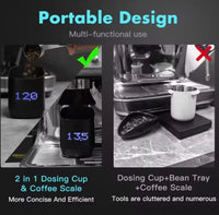 Thumbnail for Comparison of a portable coffee dosing cup and scale with a traditional setup, highlighting the convenience of the portable design.