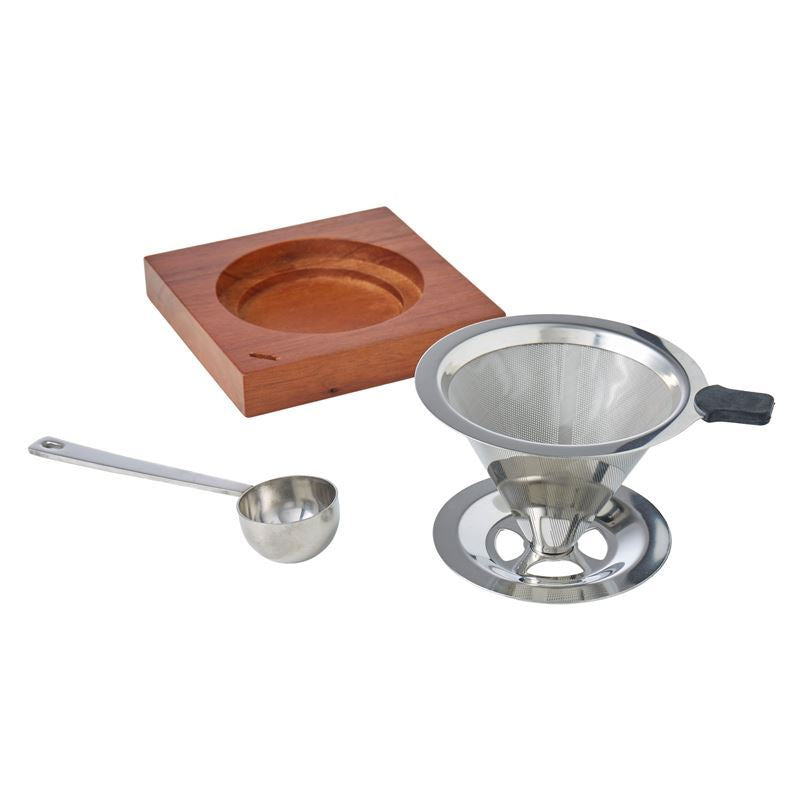 Set of stainless steel kitchen tools including a funnel, wooden bowl, and measuring spoon on a white background.