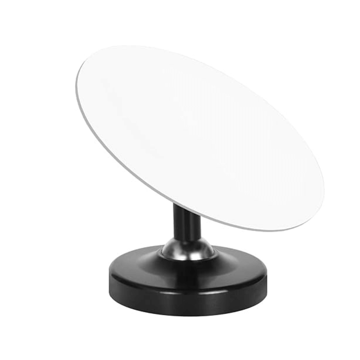 Round makeup mirror with black base on a white background