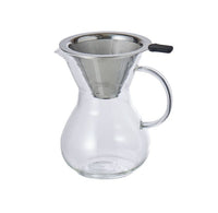 Thumbnail for Clear glass pitcher with metal filter on a white background