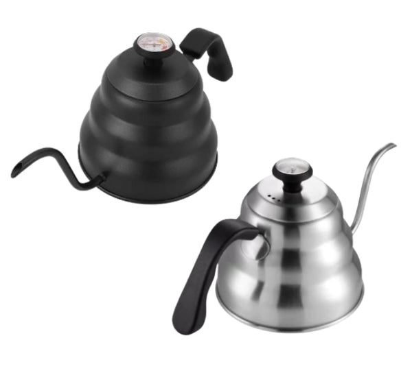 Black and silver stainless steel gooseneck pour over kettles with built-in thermometers from Eighteen Grams, side by side
