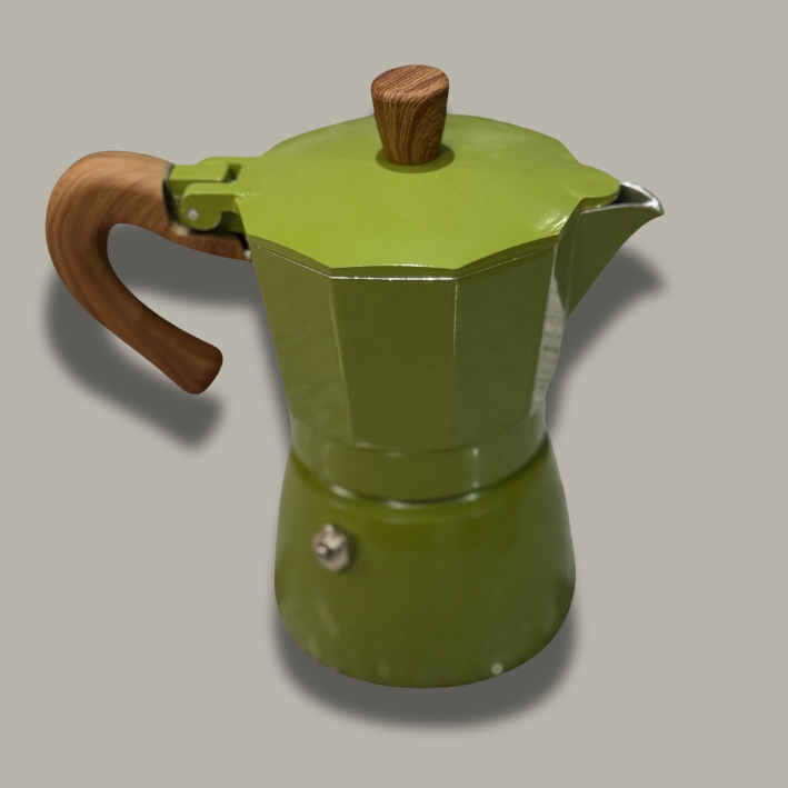 Green espresso maker with wooden handle and lid on a gray background