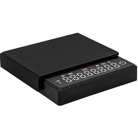 Black electronic device with digital display on a white background
