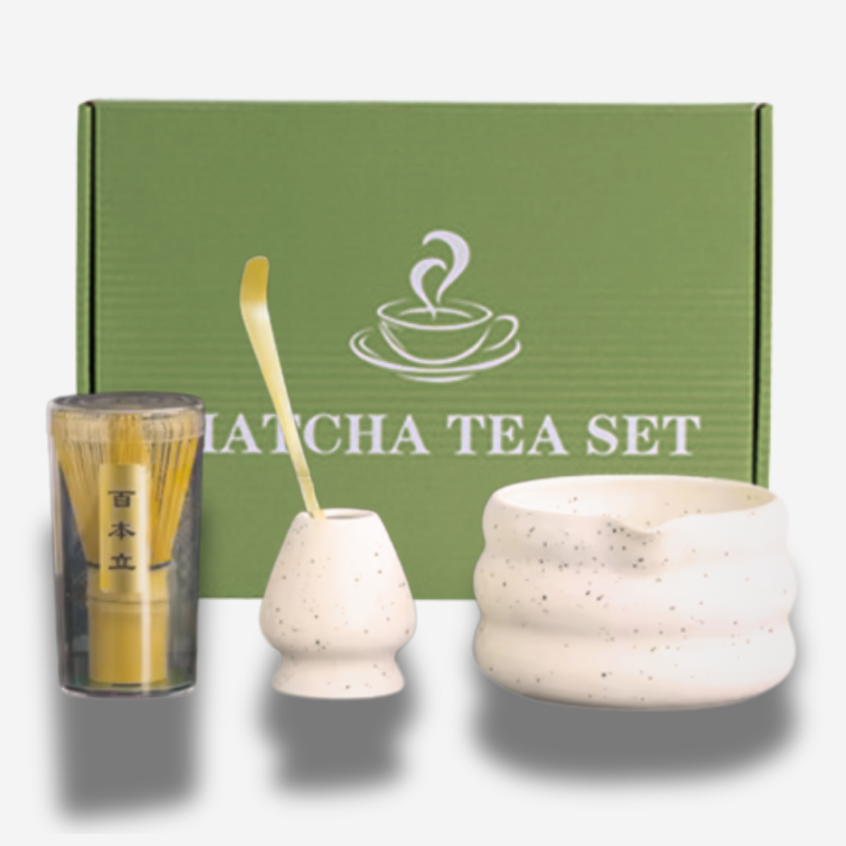 Matcha tea set with a green box labeled 'Matcha Tea Set' on a white background.