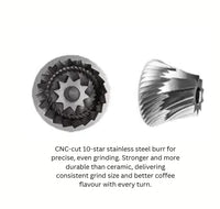 Thumbnail for CNC-cut 10-star stainless steel burr for coffee grinding on a white background