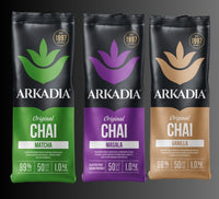 Thumbnail for Three packages of Arkadia Chai on a dark background