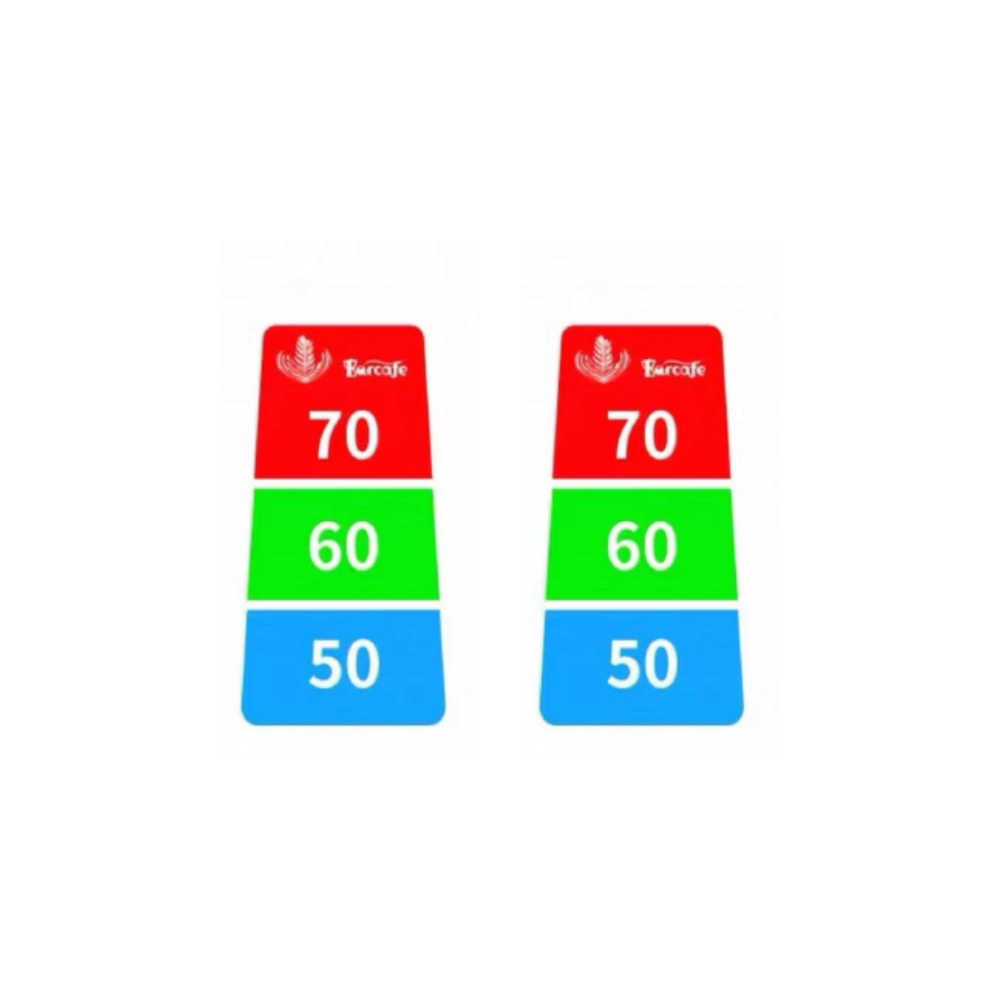 Two red, green, and blue scorecards with numbers on a white background