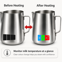 Thumbnail for A stainless steel milk pitcher shown in a before-and-after comparison. On the left, labeled 'Before Heating,' the pitcher has black temperature indicator windows.