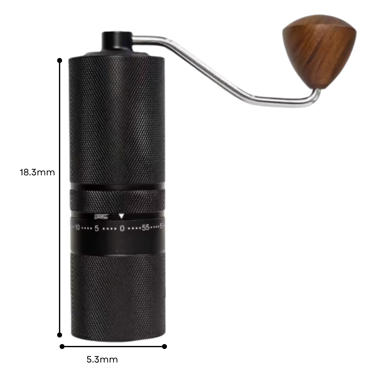 Black manual coffee grinder with wooden handle and measurements on a white background