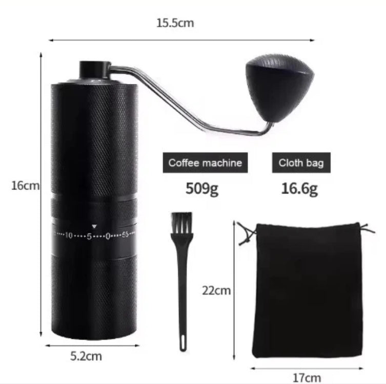 Black portable coffee machine with dimensions and weight details on a white background