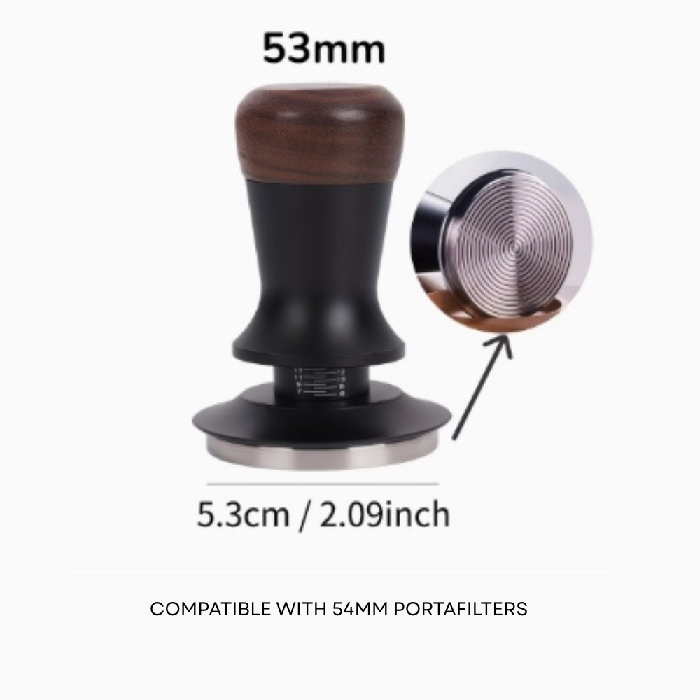Coffee tamper with measurement details on a white background