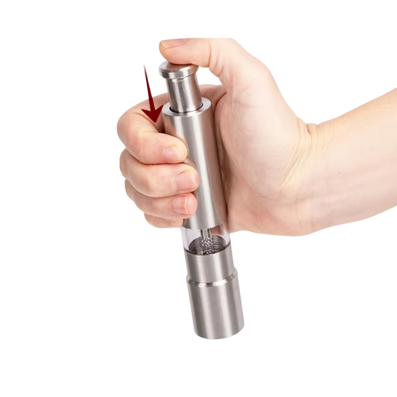 Hand holding a silver pepper grinder on a white background