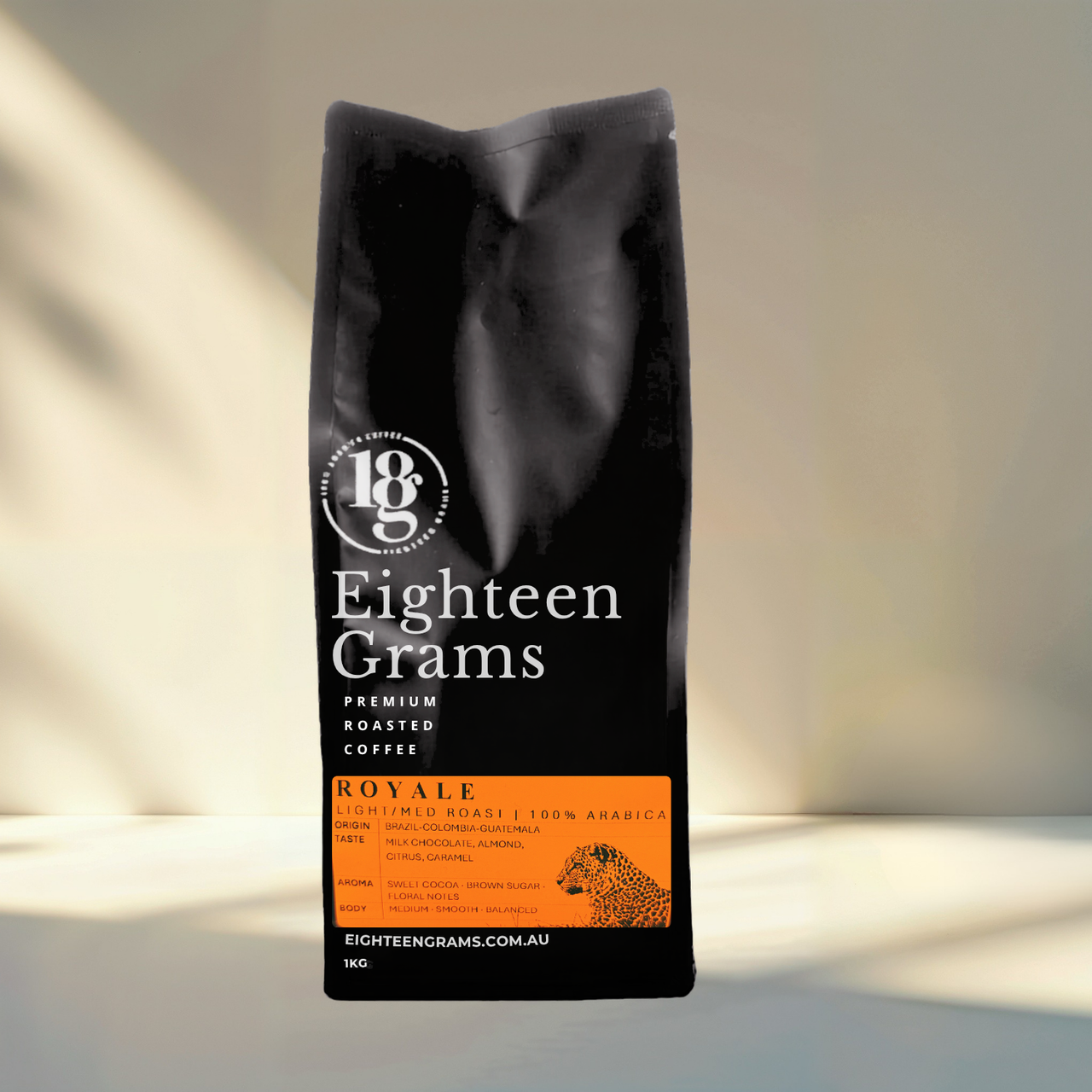 Eighteen Grams Royale light-medium roast coffee bag on a soft neutral background 1kg