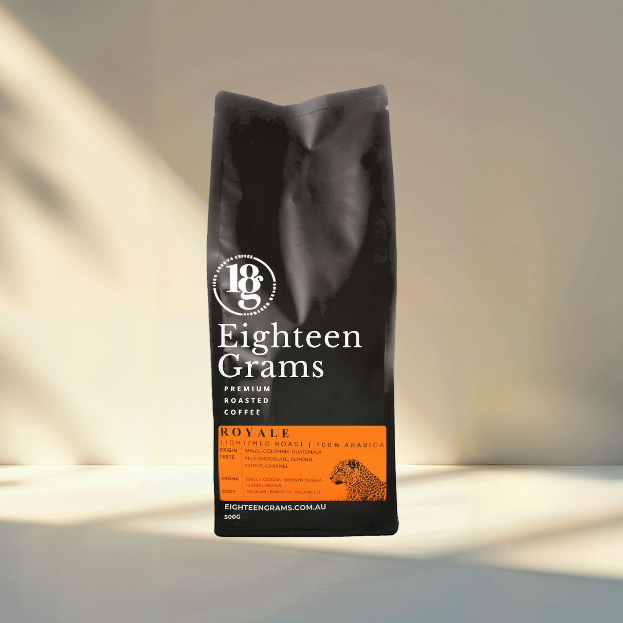 Eighteen Grams Royale light-medium roast coffee bag on a soft neutral background 500g