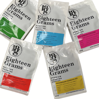 Thumbnail for Five packages of Eighteen Grams coffee with different flavor labels.