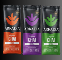 Thumbnail for Three packages of Arkadia Chai on a dark background