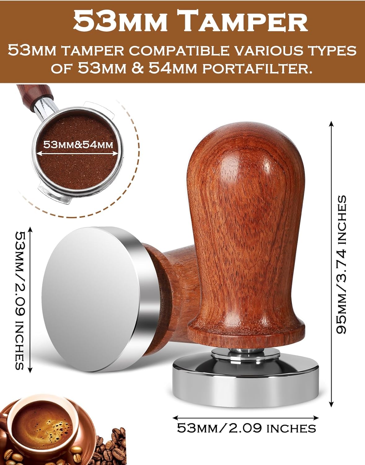 53mm tamper with wooden handle and metal base, compatible with various portafilter sizes.