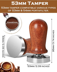 Thumbnail for 53mm tamper with wooden handle and metal base, compatible with various portafilter sizes.