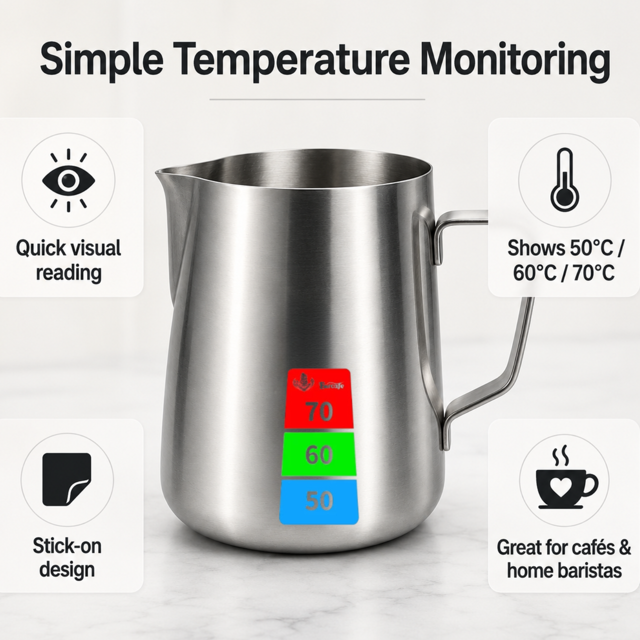 Stainless steel milk pitcher with a colorful temperature indicator showing 70, 60, and 50 degrees, surrounded by feature callout boxes on a light marble background.