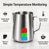 Thumbnail for Stainless steel milk pitcher with a colorful temperature indicator showing 70, 60, and 50 degrees, surrounded by feature callout boxes on a light marble background.