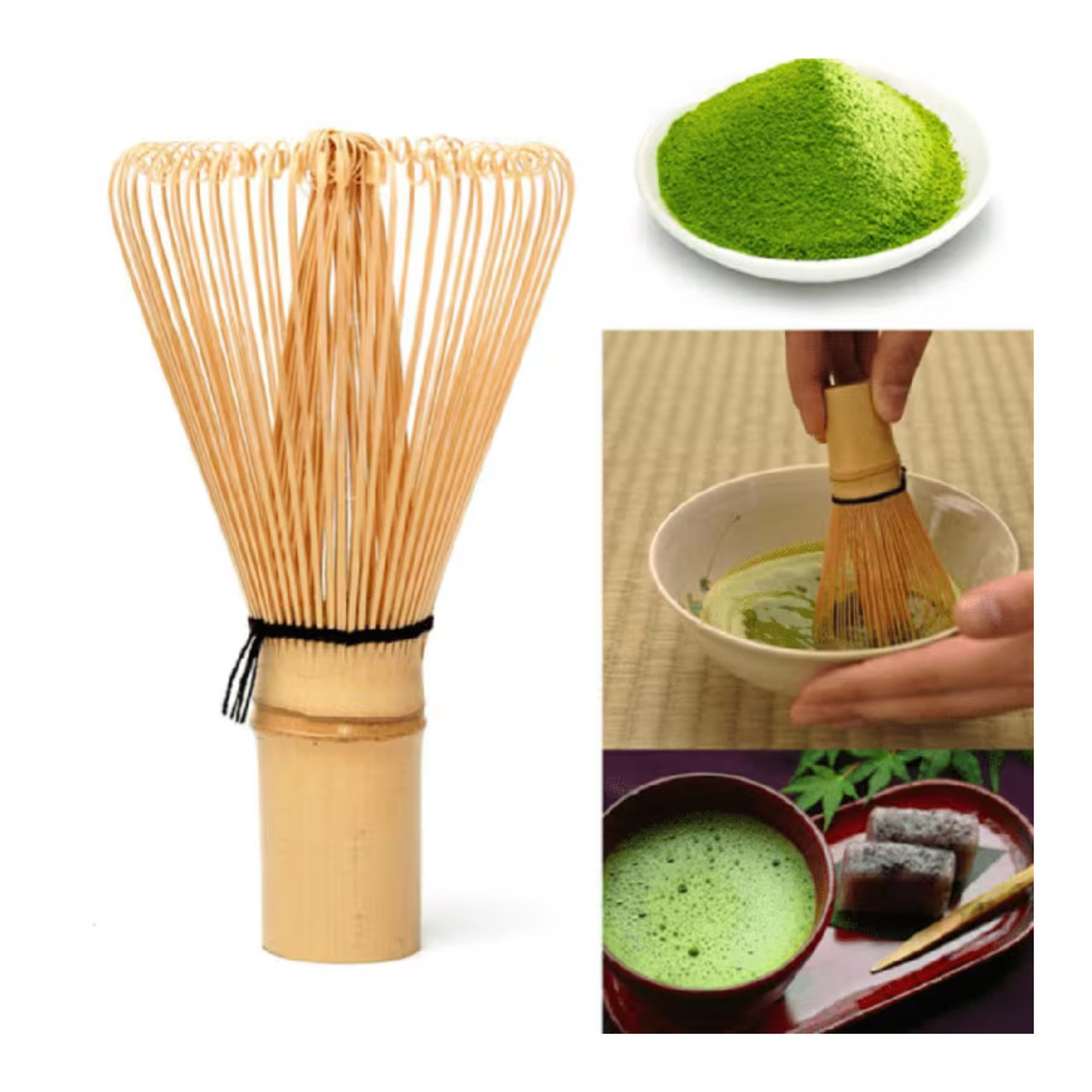 Bamboo whisk for making matcha tea with matcha powder and a bowl of green tea.