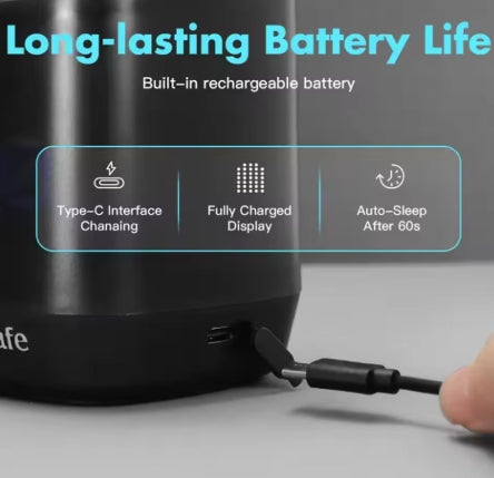 Black electronic device with charging cable, text about long-lasting battery life and features.