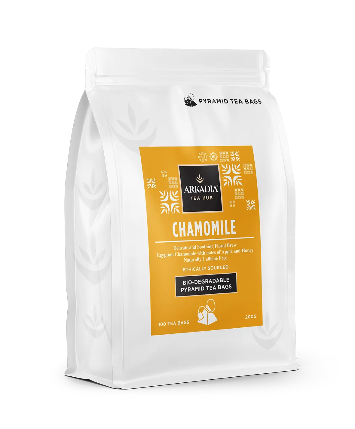 A package of Arkadia Chamomile Pyramid Tea Bags, with branding and product information displayed on the front.